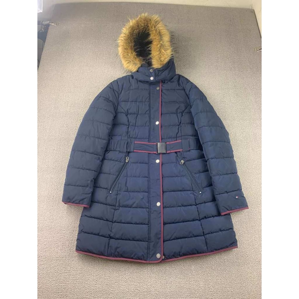 Tommy Hilfiger Puffer Coat Jacket Hooded Faux Fur Lined Navy Blue Women Size M